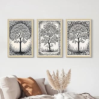 ArtX Paper Monochrome Paintings with Frame for Home Decor Wall Art, Black and White Wall Painting for Living Room, Multicolor, Natural Wood Color Frames, 12.0x18.0 inch, Set of 3