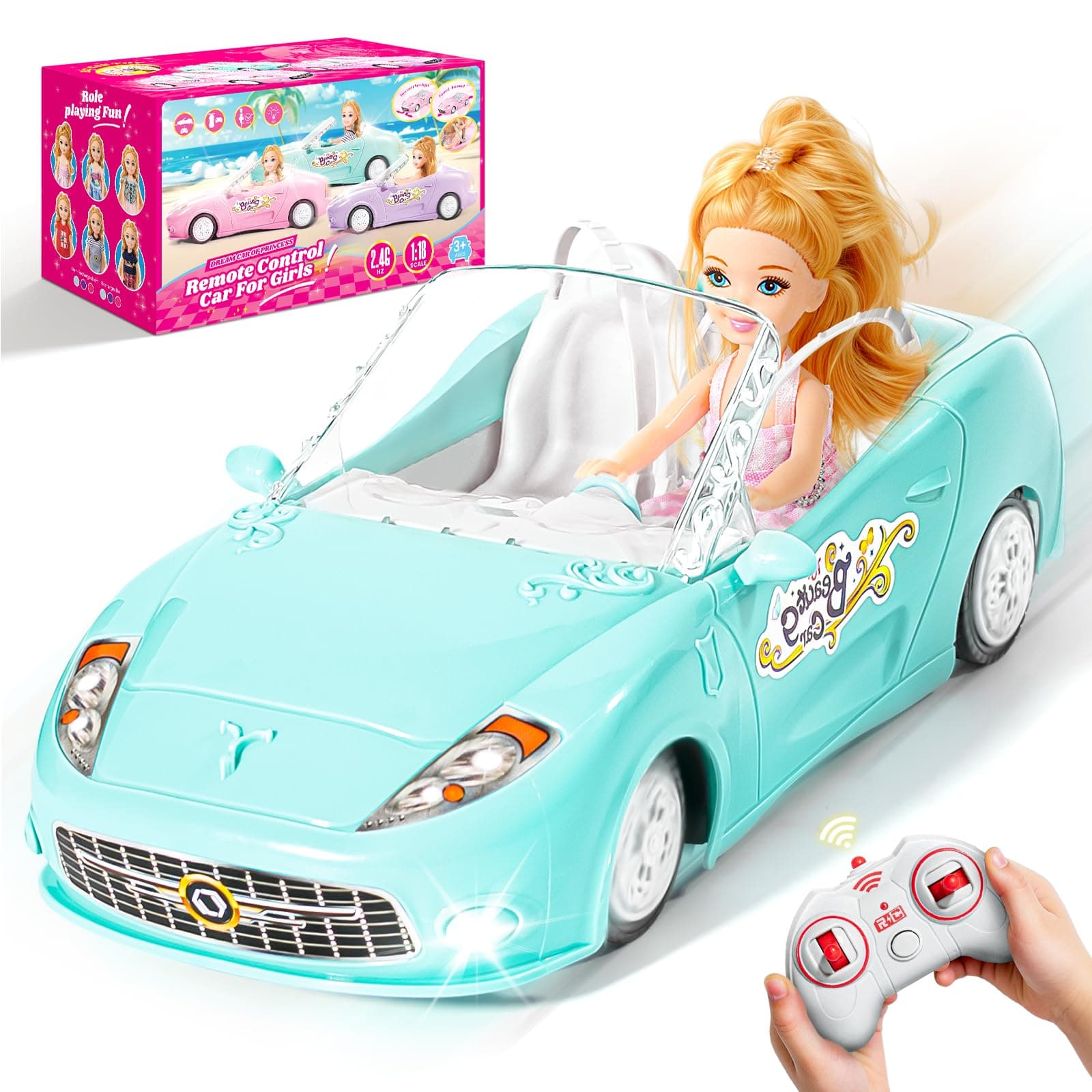 Blue Remote Control Car for Girls, 1:18 Scale RC Cars with LED Light, 2.4 GHZ Blue Truck Toy with 100 Min Long-Lasting Rechargeable Batteries, Gifts for Boys Girls Aged 4-7