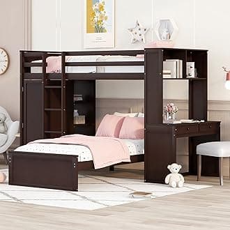 Twin Over Twin Bunk Bed with Built-in Desk and Wardrobe, Solid Wood Loft Bed & Stand-alone Platform Bed with Storage Shelves and Safety Guardrail for Kids Teens Adults, Maximize Space (Espresso-4)