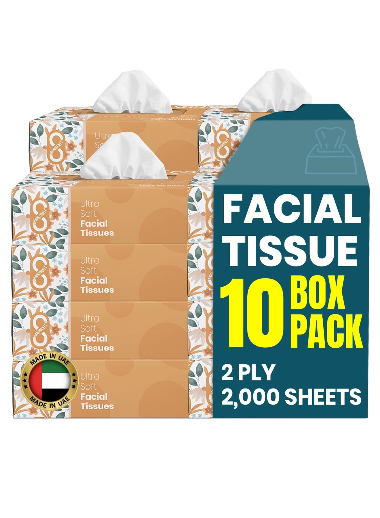 – Daily Care Facial Tissue - Pack of 10 Boxes, Total 2000 Sheets, 2 Ply Large, Soft & Fluffy Facial Tissues (200 Sheets each box)