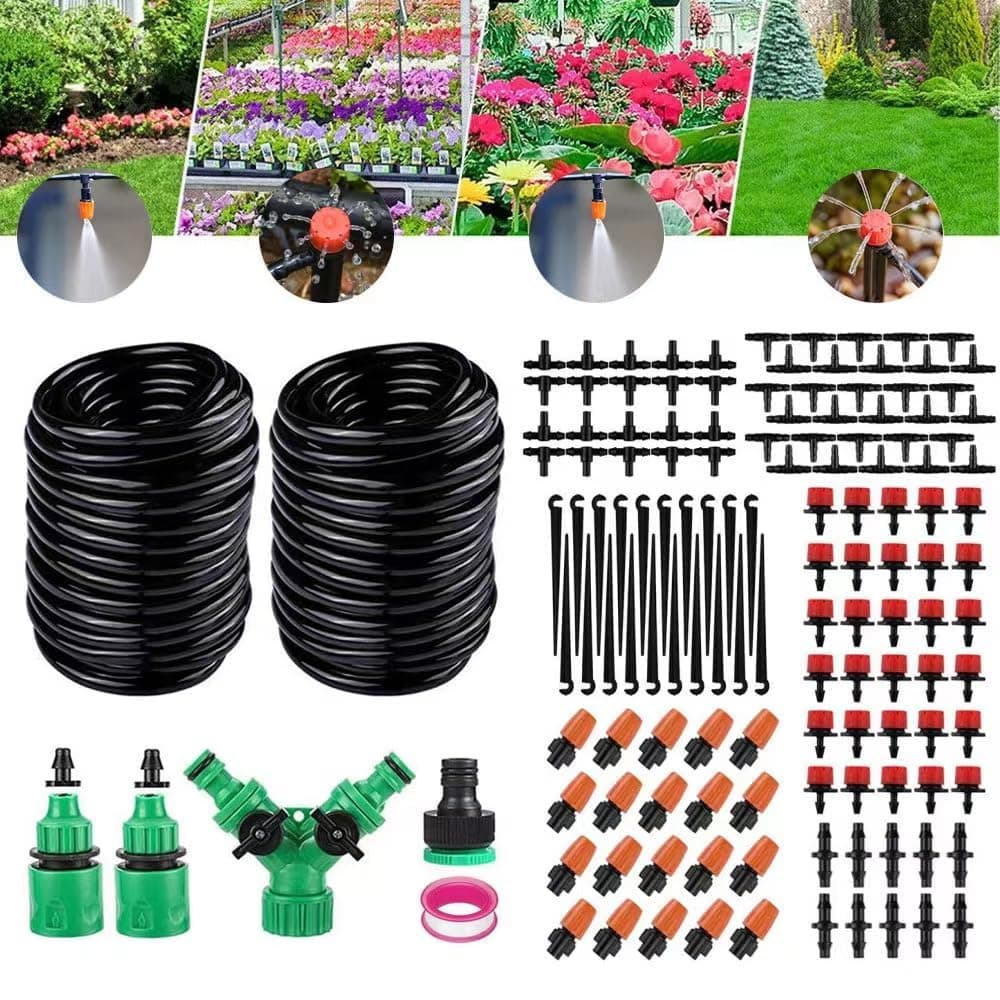 100FT Greenhouse Micro Drip Irrigation Kit -Garden Grid Watering System, Adjustable 2-in-1 Nozzles, Irrigation System Misting for Flowerbed, Plants, Yard