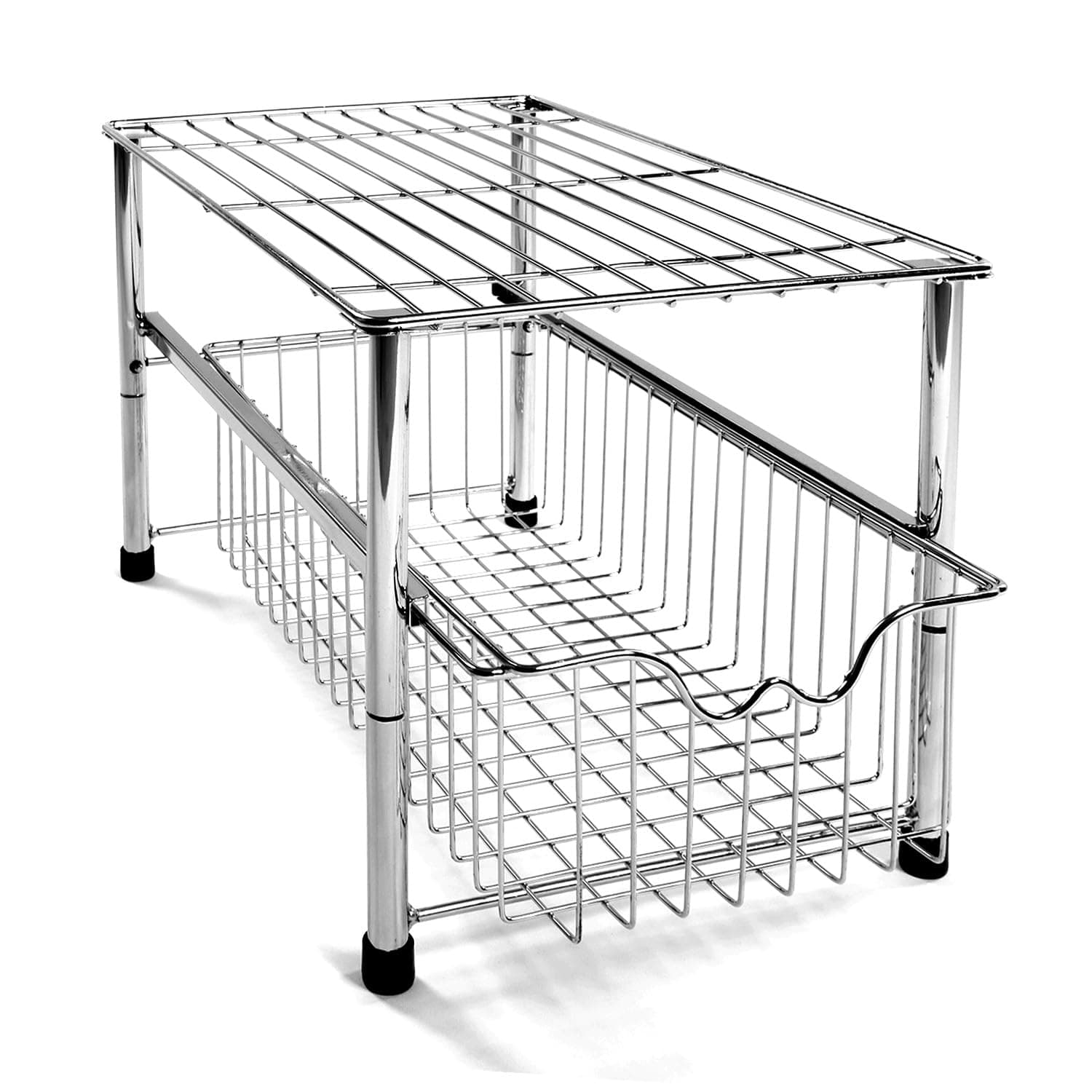 Under Sink Storage Rack with Sliding Basket Drawer – Chrome Metal, No Tools Needed Under Sink Storage Kitchen Organiser for Pantry, Bathroom, Countertop, Cleaning Supplies – 43x28x26cm