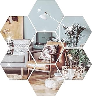 DIY Wall Decals Acrylic Mirror Sticker Set 12 Pcs, Hexagon Mirror Wall Stickers for Living Room Bedroom Decor (Silver)