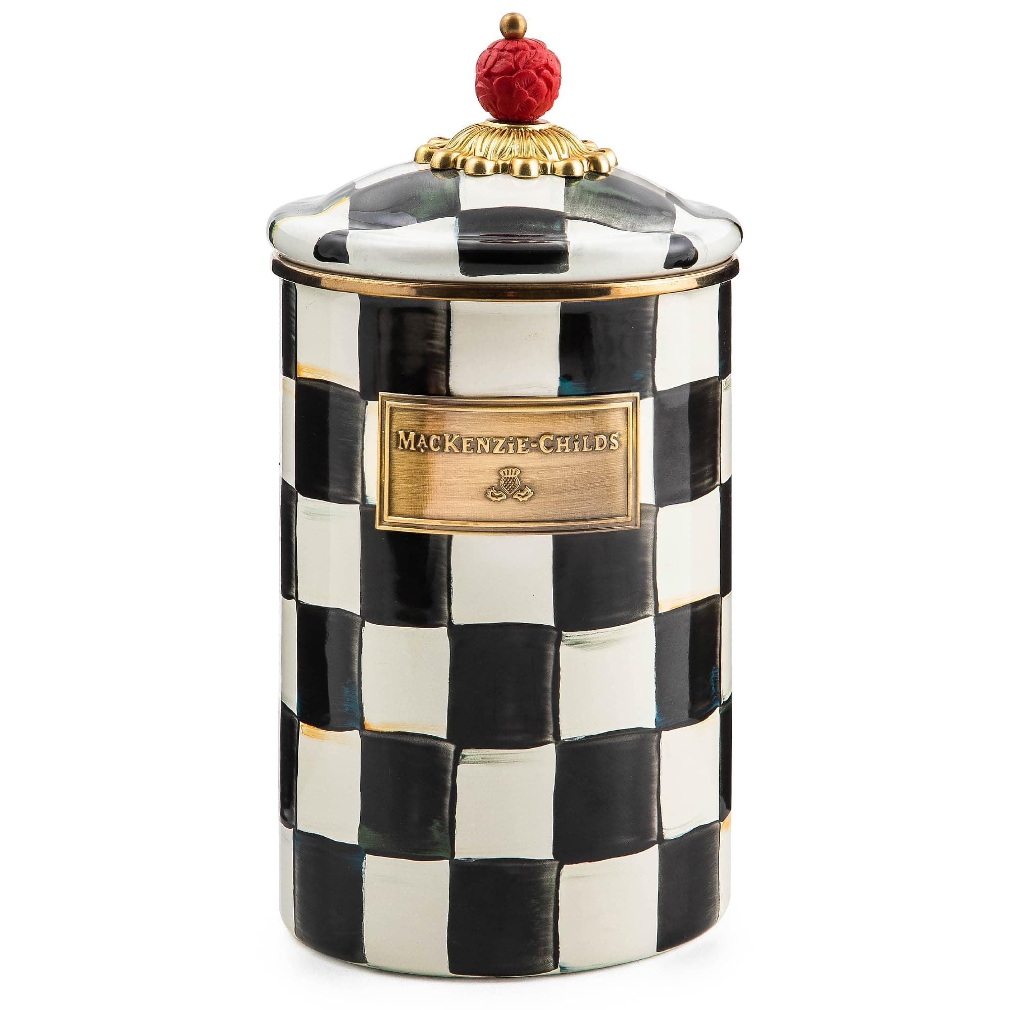 Large Enamel Canister, Kitchen Storage Container for Flour and Sugar, 1.89 Liters, Black-and-White Courtly Check