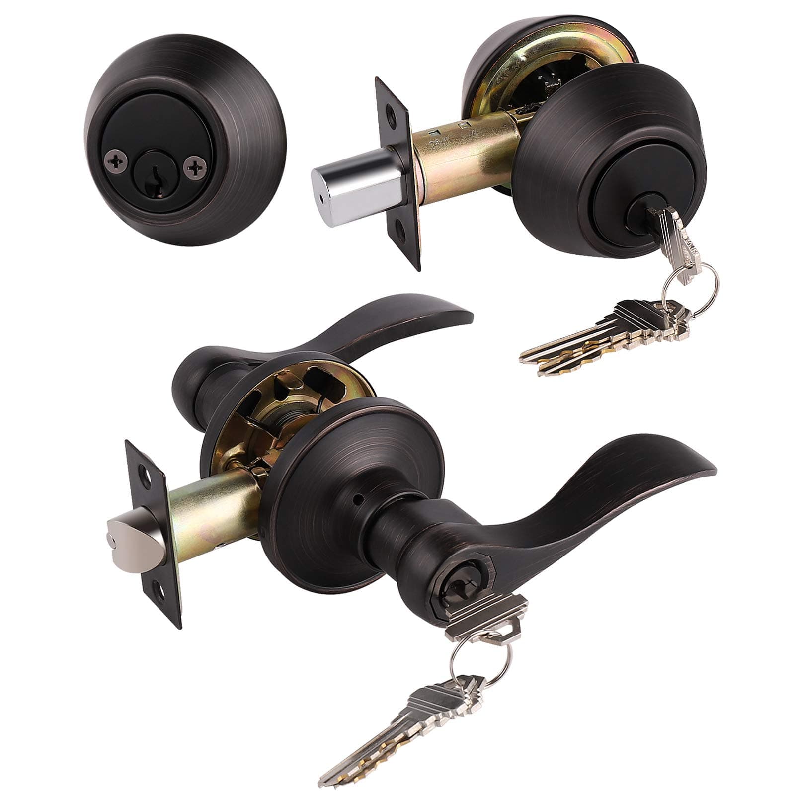 1 Pack Front/Exterior Door Lever Lockset with Double Cylinder Deadbolt Combination Locksets, Oil Rubbed Bronze Keyed Alike Entry Door Handles with Same Key