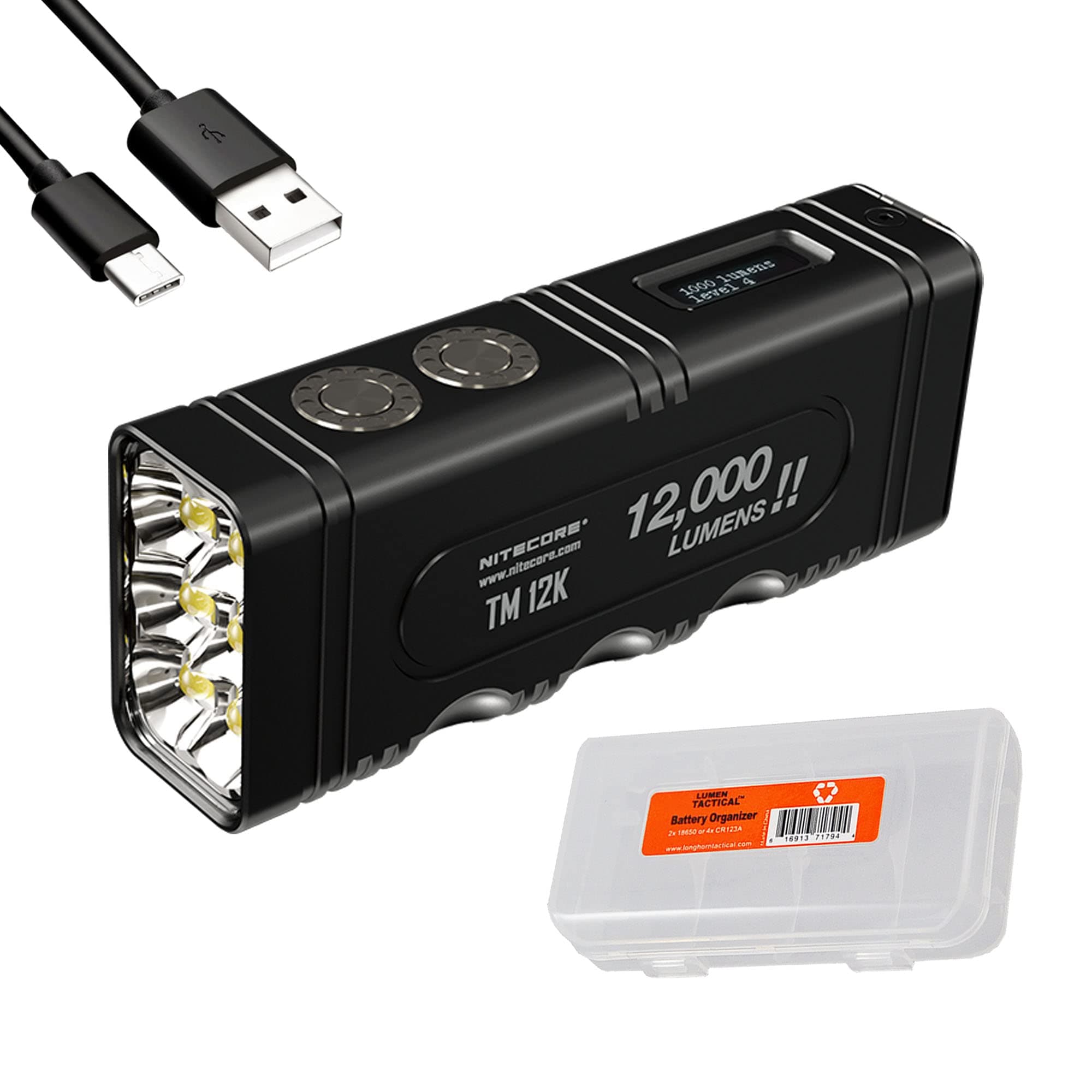 TM12K Flashlight, 12,000 Lumen High Lumen LED USB-C Rechargeable with Digitial Display and Organizer
