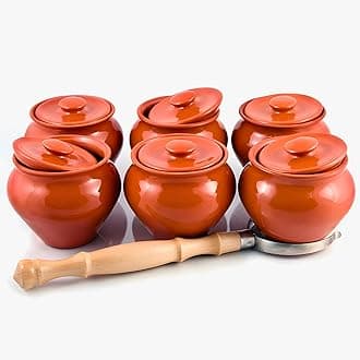 Set of 6 Natural Clay Stoneware Baking Ramekins with Lids & 1 Oven Fork - 0.5-Qt Each - 16.9 fl oz (500 ml) - Clay Pots for Cooking, Dutch Oven Pot With Lid