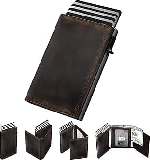 Mens Wallet Card Holder: Pop Up Aluminum Case, Full Grain Leather, RFID Blocking, Smart, Slim, Minimalist, Front Pocket - 9-14 Card Capacity | ID Window | Cash Slot (Burnished Black)