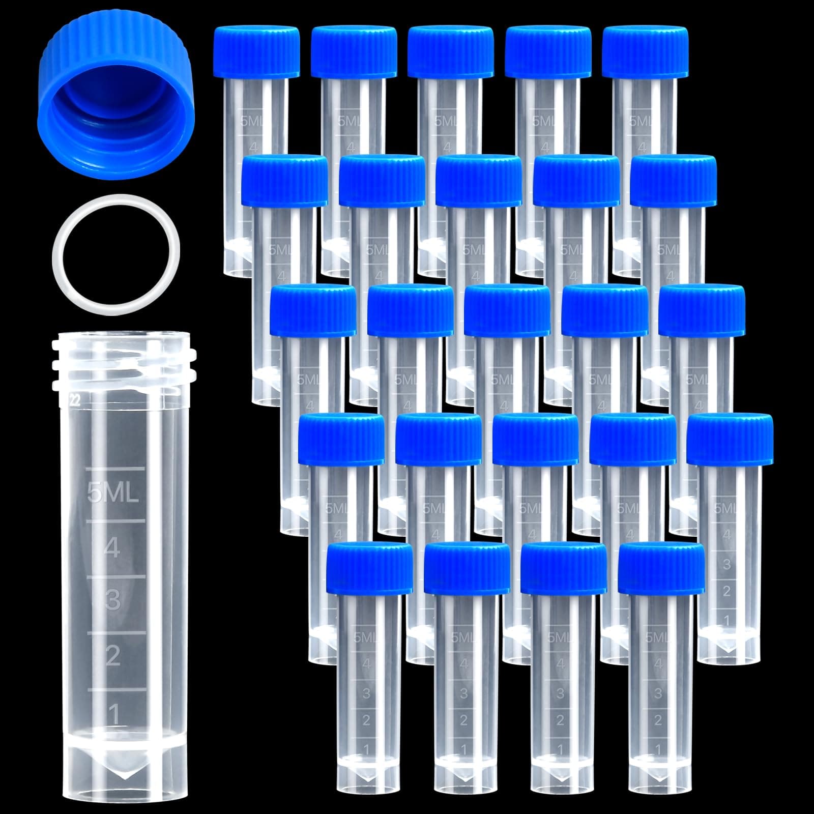 200PCS 5ml Plastic Small Vials with Screw Caps Sample Tubes Cryotubes,PP Material, Free from DNase, RNase, Human DNA