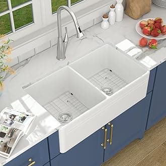 Lordear 33 White Double Bowl Kitchen Sink 33x18 Inch Farmhouse Kitchen Sink Double Bowl 50/50 White Fireclay Ceramic Porcelain Apron Front Farm Double Basin