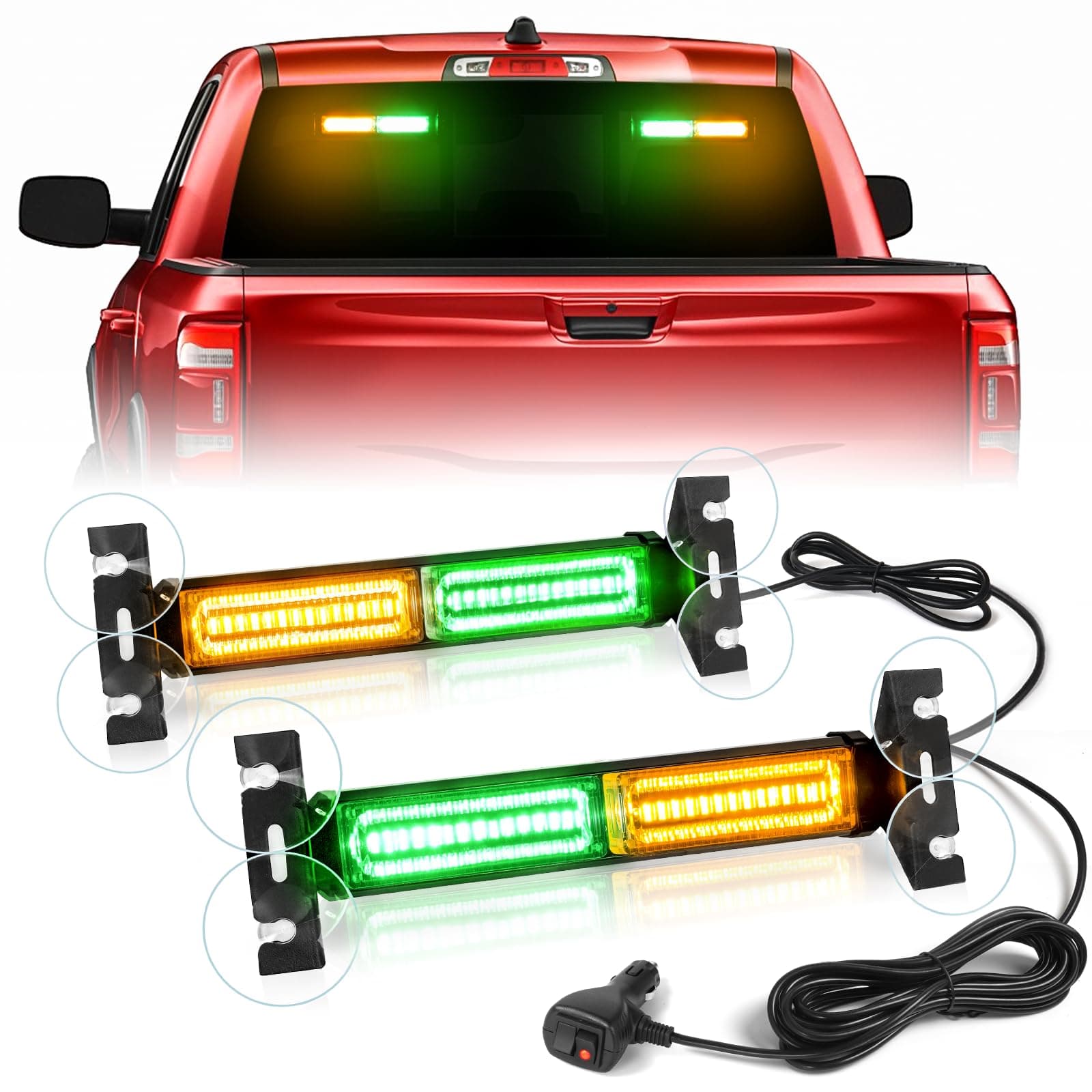 HLauto 1002L Emergency Strobe Traffic Advisor Light Bar: 40 LED Dash Safety Warning Flashing Light, Front/Rear Windshield Visor for Construction Vehicle, Tow/Plow Truck (2x10.7inch, Amber Green)
