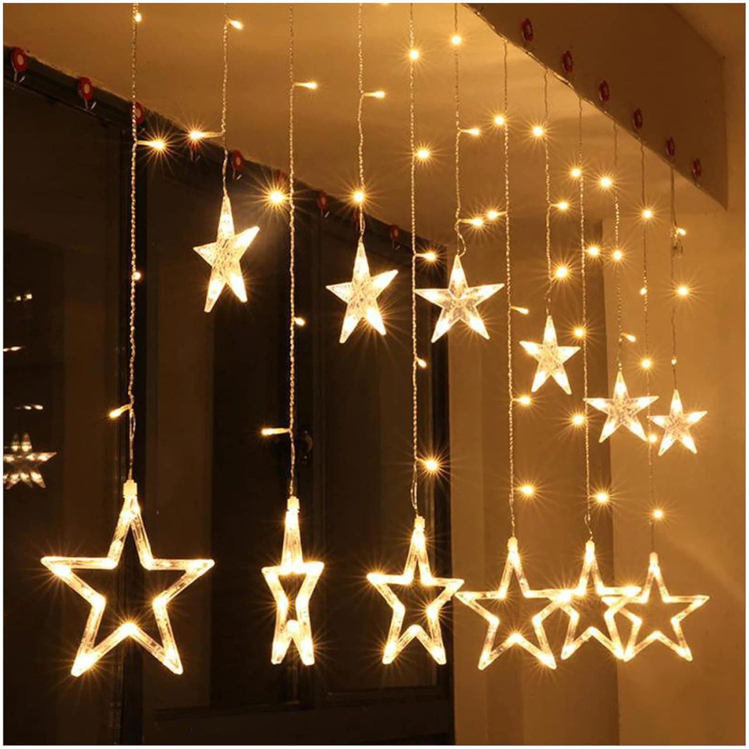 One94Store 12 Star LED Curtain String Lights – 3m Decorative Fairy Lights with 8 Lighting Modes, 108 LEDs for Home, Wedding, Festival & Party Decoration (Warm White)