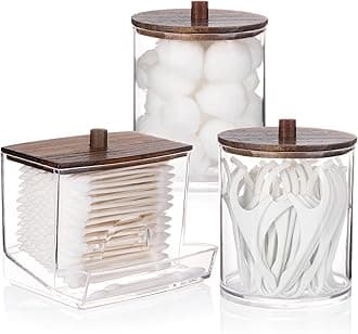 Qtips Dispenser Bathroom Container, 10/12 oz Big Cotton Ball Holder, Apothecary Jar Organizer for Storage Cotton Swab, Round Pads, Floss Picks (Brown Wood Lids)