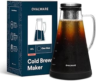 Airtight Cold Brew Iced Coffee Maker (& Iced Tea Maker) with Spout – 1.5L/51oz Ovalware RJ3 Brewing Glass Carafe with Removable Stainless Steel Filter