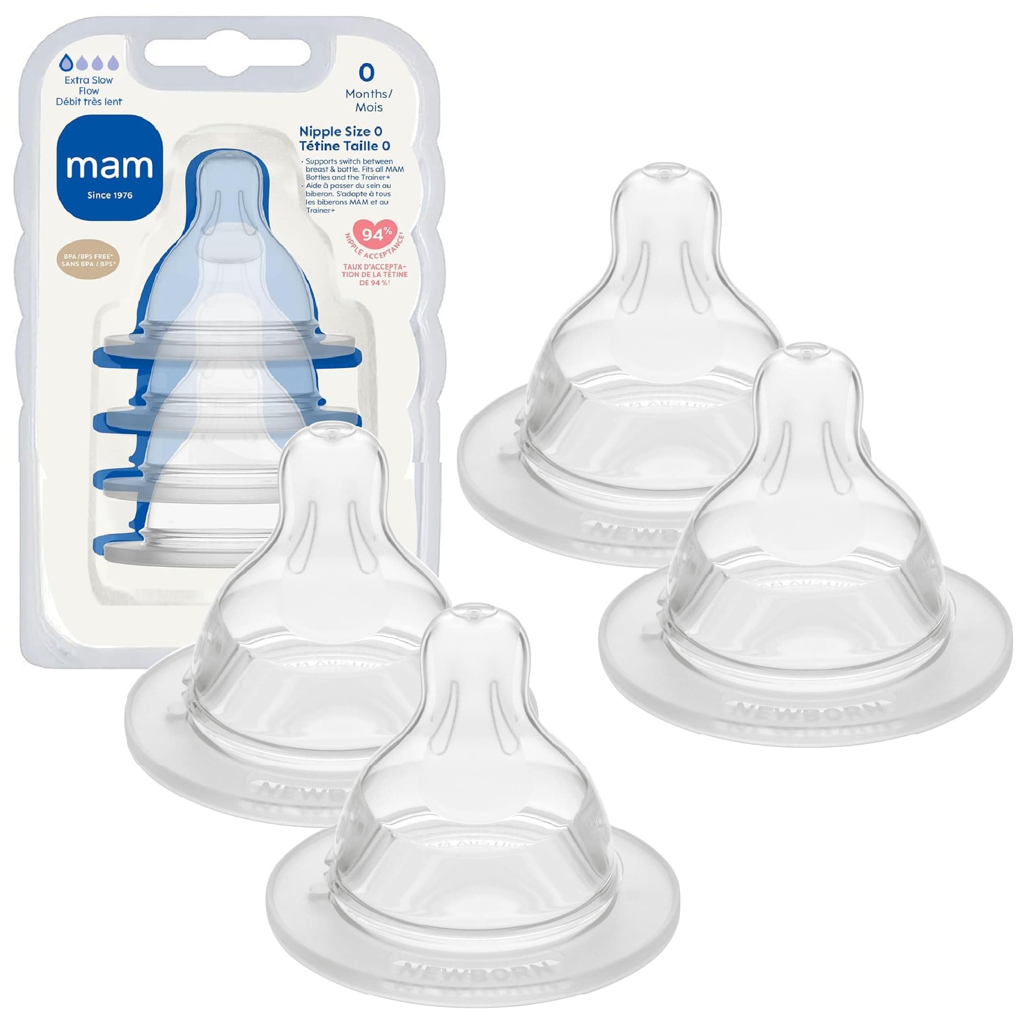 Baby Bottle Nipples Extra Slow Flow Size 0, for 0+ Month Newborn Babies, Skin Soft BPA Free Silicone, 94% Nipple Acceptance, Fits All MAM Bottles, Developed with Medical Experts, Made in Europe