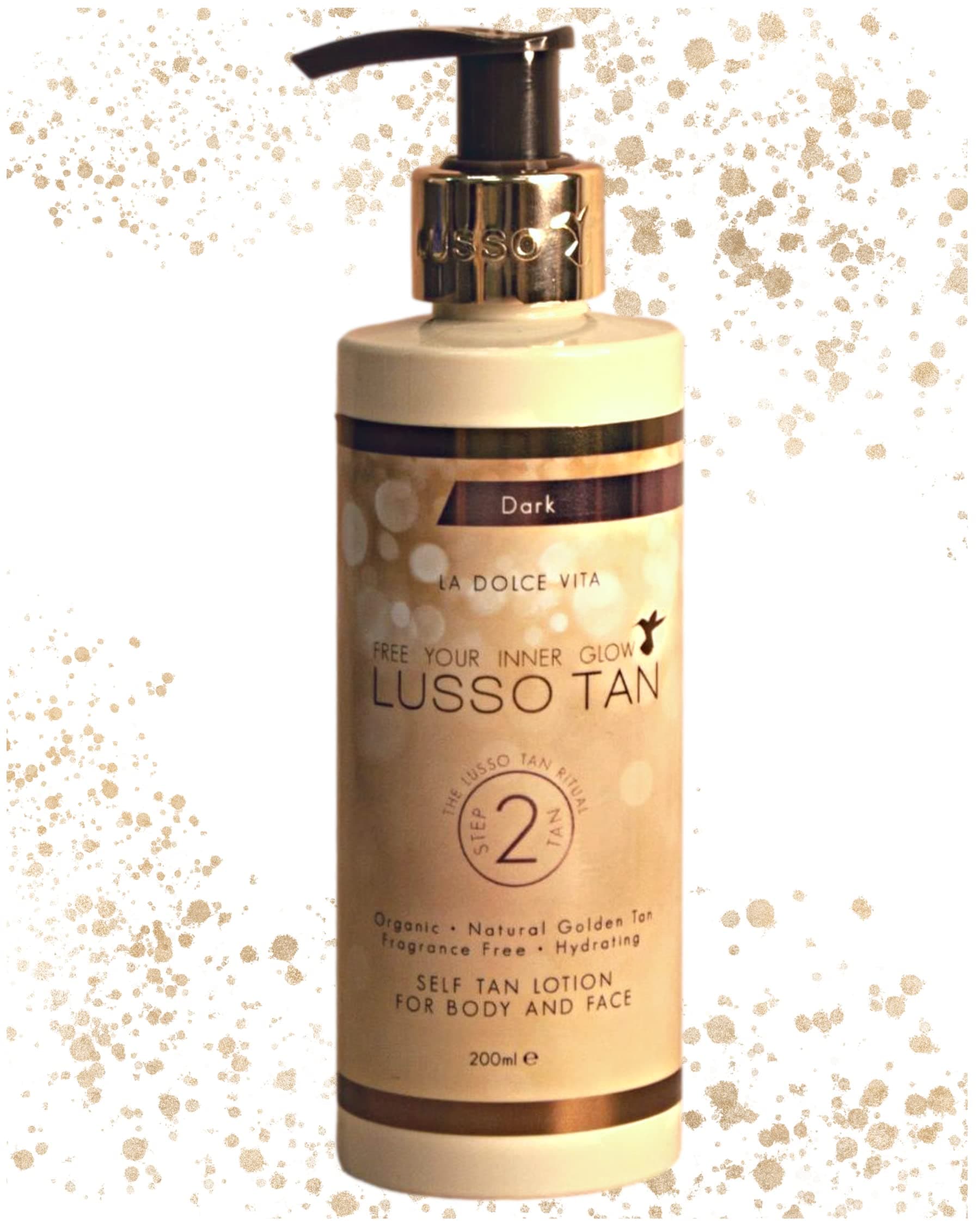 Lusso TanSelf-Tan Lotion for Face and Body - Dark, 200ml, Organic, Vegan and Cruelty-Free Tinted Gradual Self-Tanning Body Lotion in Natural Golden Tan with Aloe Vera. Instant-drying, Streak-Free