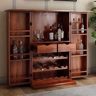 Credenza Solid Sheesham Wood Bar Cabinet for Living Room | Wooden Drinks Storage Rack with Bottle & Glass Holder | Handcrafted Home Bar Furniture – Honey Finish, No Assembly Required