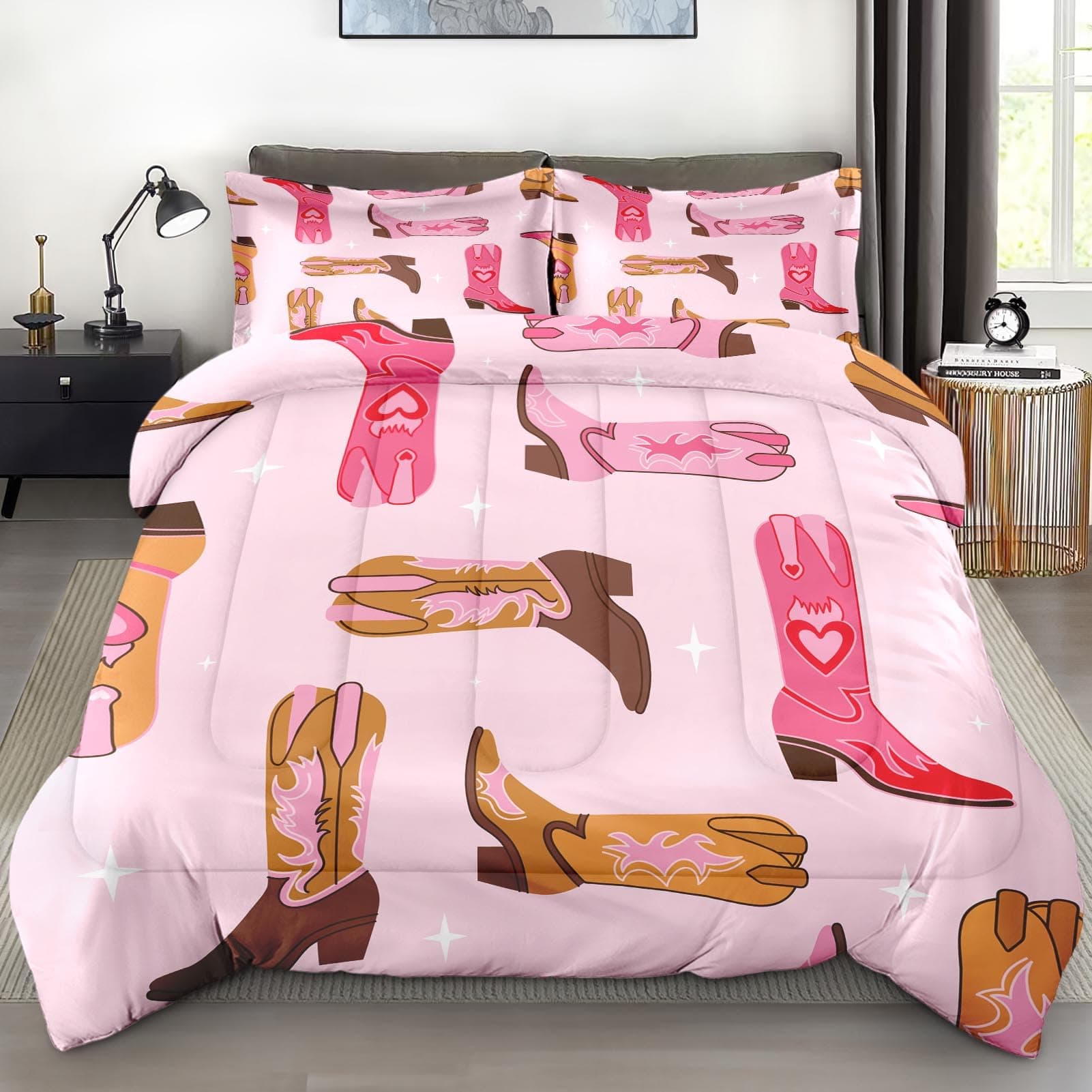 Comforter Set Full Size, Retro Cowgirl Western Soft 3 Pcs Bedding for Kids and Adults, Vintage Cowboy Aesthetic Comforter Set with 2 Pillowcases, for Bedroom Bed Decor