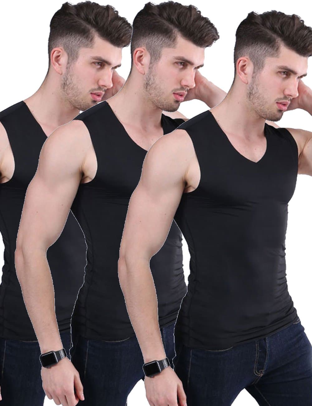 Men's 3 Pack Ice Silk Undershirts T Shirt V Neck Fitness Tank Tops Vest (Black+Black+Black, Tag 2XL=US L)