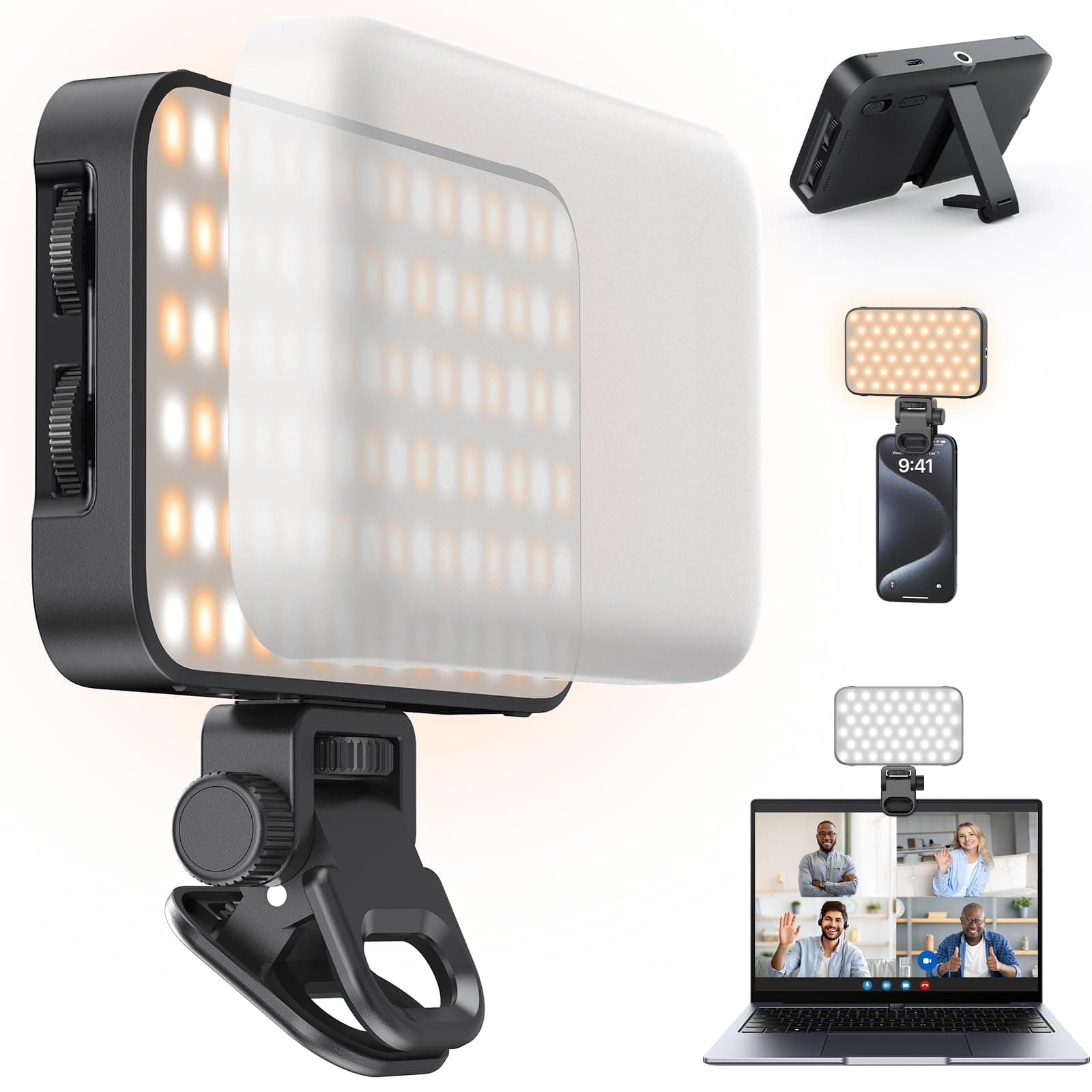 Selfie Light with Soft Diffuser & Built-in Stand – 96 LED Rechargeable Clip Fill Video Conference Light for Phone, iPhone, iPad, Camera, Laptop, for Makeup, TikTok, Vlog, and Video Calls