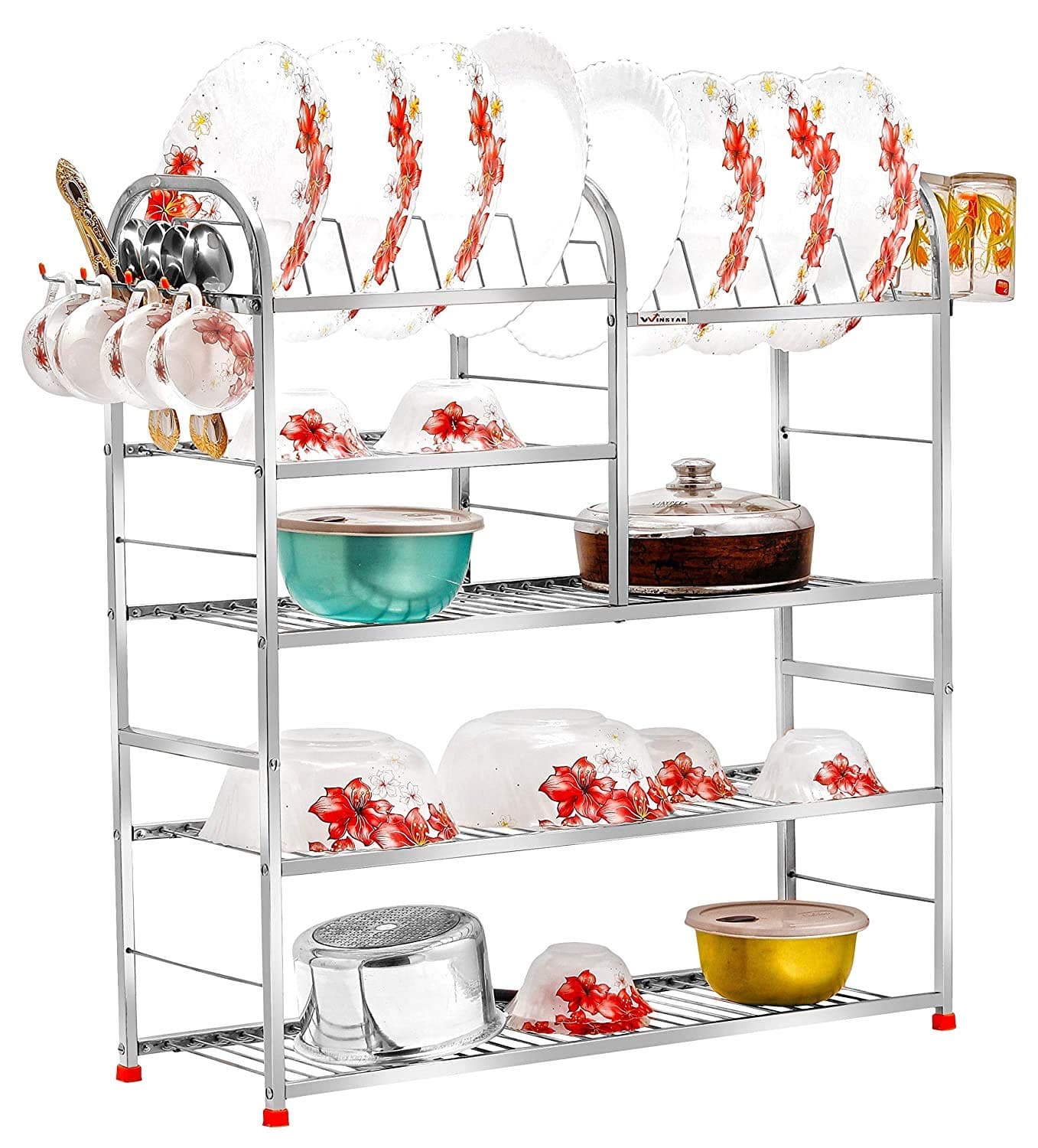 WINSTAR Stainless Steel 5 Shelf Wall Mount Kitchen Racks | Dish Rack with Cutlery and Plate Kitchen Stand | Modular Kitchen Bartan Stand | Kitchen Organizer Items (30 x 31 inches)