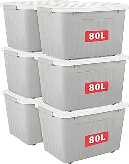 Cetomo 80L*6 Plastic Storage Box,Gray, Tote box, Organizing Container with Durable Lid and Secure Latching Buckles, Stackable and Nestable, 6Pack, with Buckle