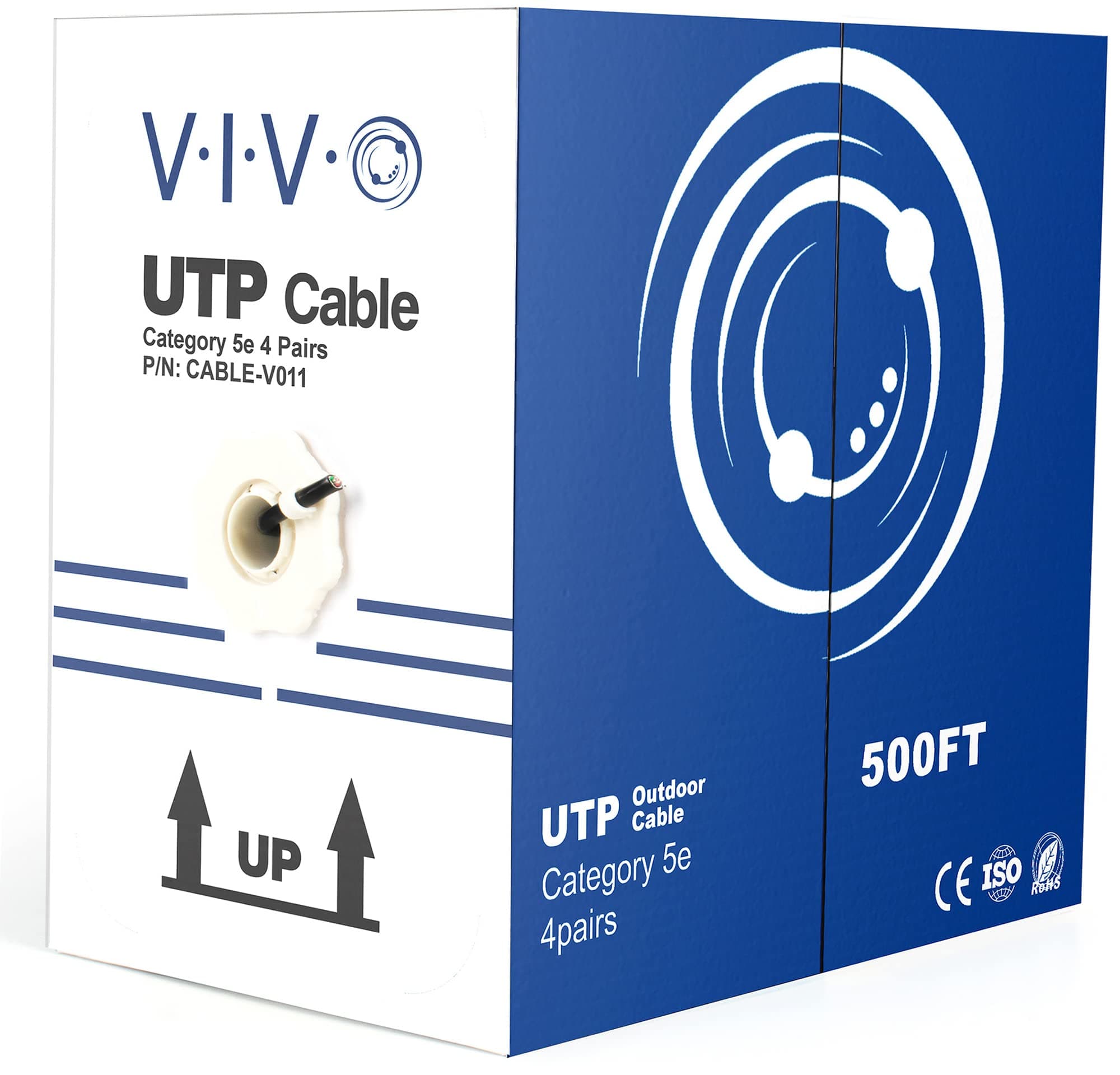Waterproof 500ft Bulk Cat5e Wire, CCA Ethernet Cable, UTP Pull Box, Outdoor Direct Burial, Black, CABLE-V011