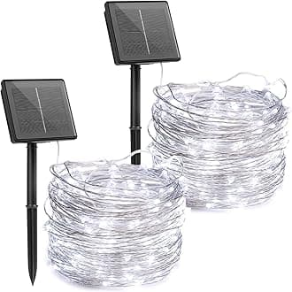 Outdoor Solar String Lights, 2 Pack 33 Feet 100 Led Solar Powered Fairy Lights with 8 Modes Waterproof Decoration Copper Wire Light for Patio Yard Trees Christmas Wedding Party (Pure White)