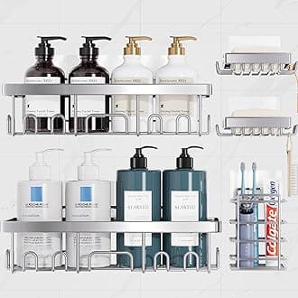 Veken Adhesive Shower Caddy 5-Pack,Heavy Weight Bearing,Large Wall Mounted Shower Shelves Rack,Organizer Storage Accessories with Soap Dish&Toothbrush Holder,Ideal for Bathroom,Home&Kitchen,Silver