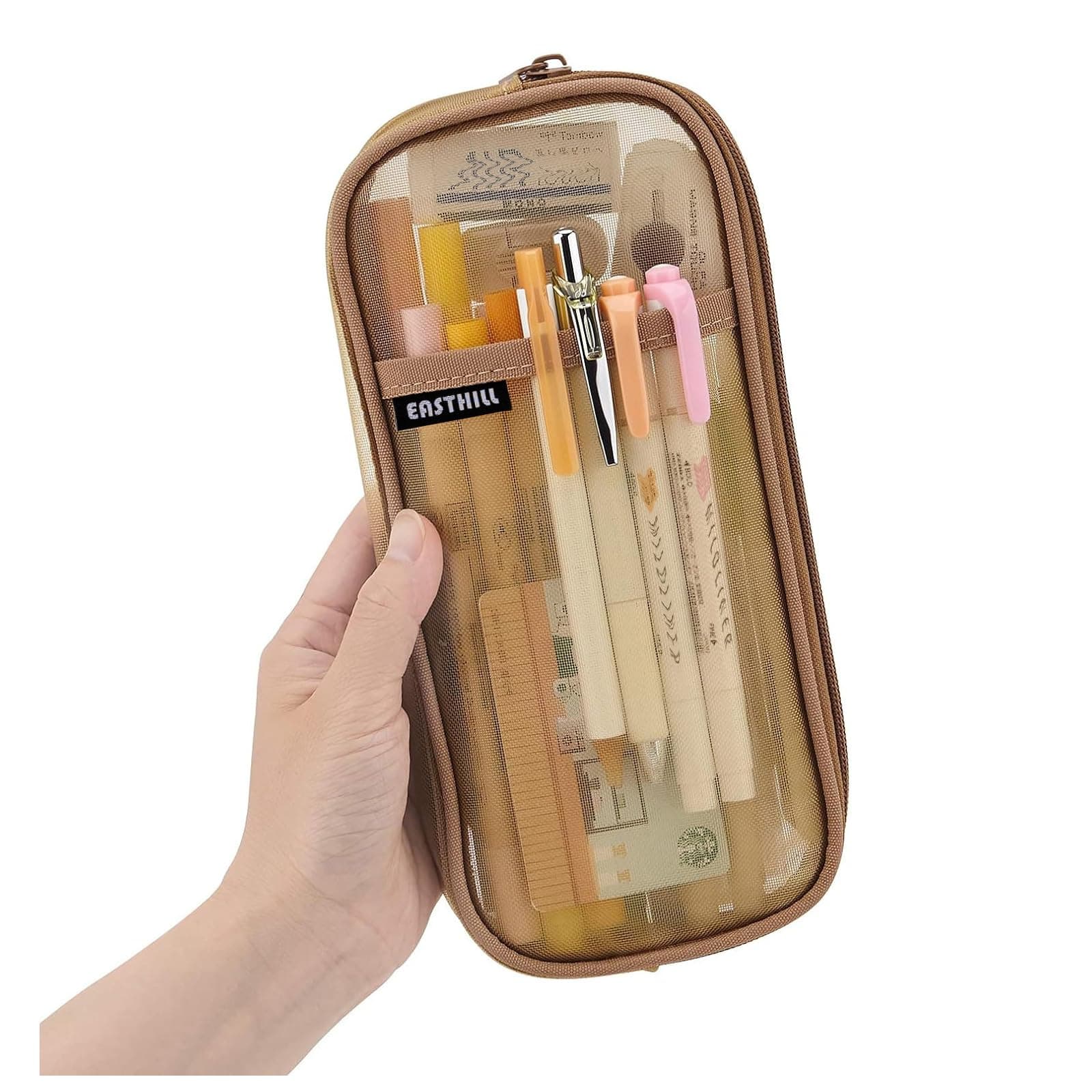 Grid Mesh Pen Pencil Case with Zipper Clear Makeup Color Pouch Cosmetics Bag Multi-Purpose Travel School Teen Girls Transparent Stationary Bag Office Organizer Box for Adluts(Khaki)