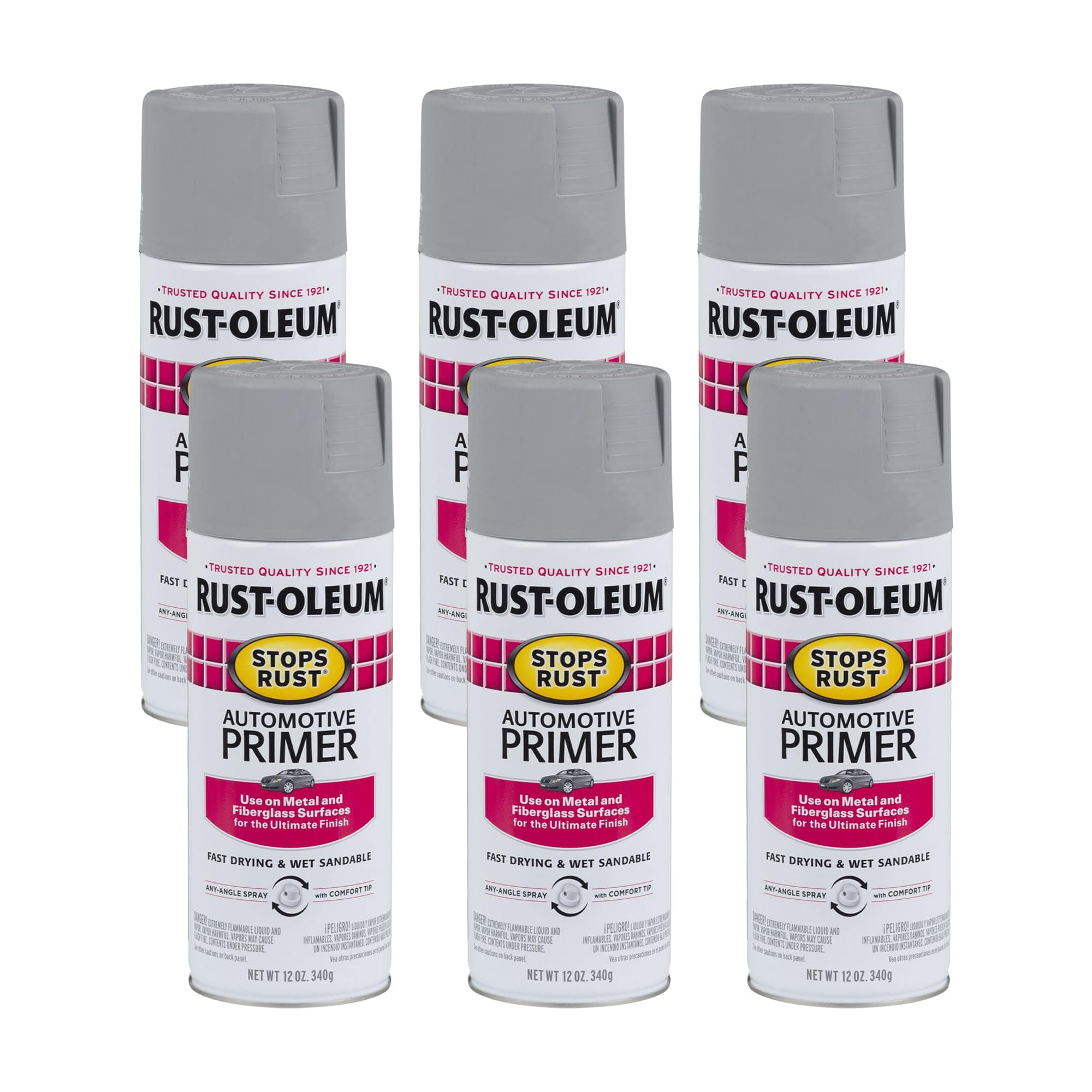 Rust-Oleum 2081830-6PK Stops Rust Automotive Primer Spray, 12 oz, Flat Light Gray, 6 Pack