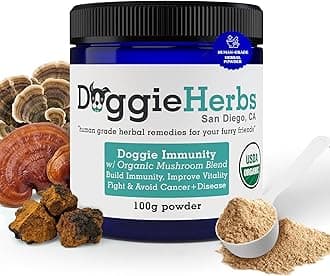 Immunity for Dogs Organic Mushrooms Complex and Human Grade Dog - Canine Health & Immunity Herbs for Dogs Herbal Supplements - Powder Container w Herbal Blend - 100g w Dosage Scoop