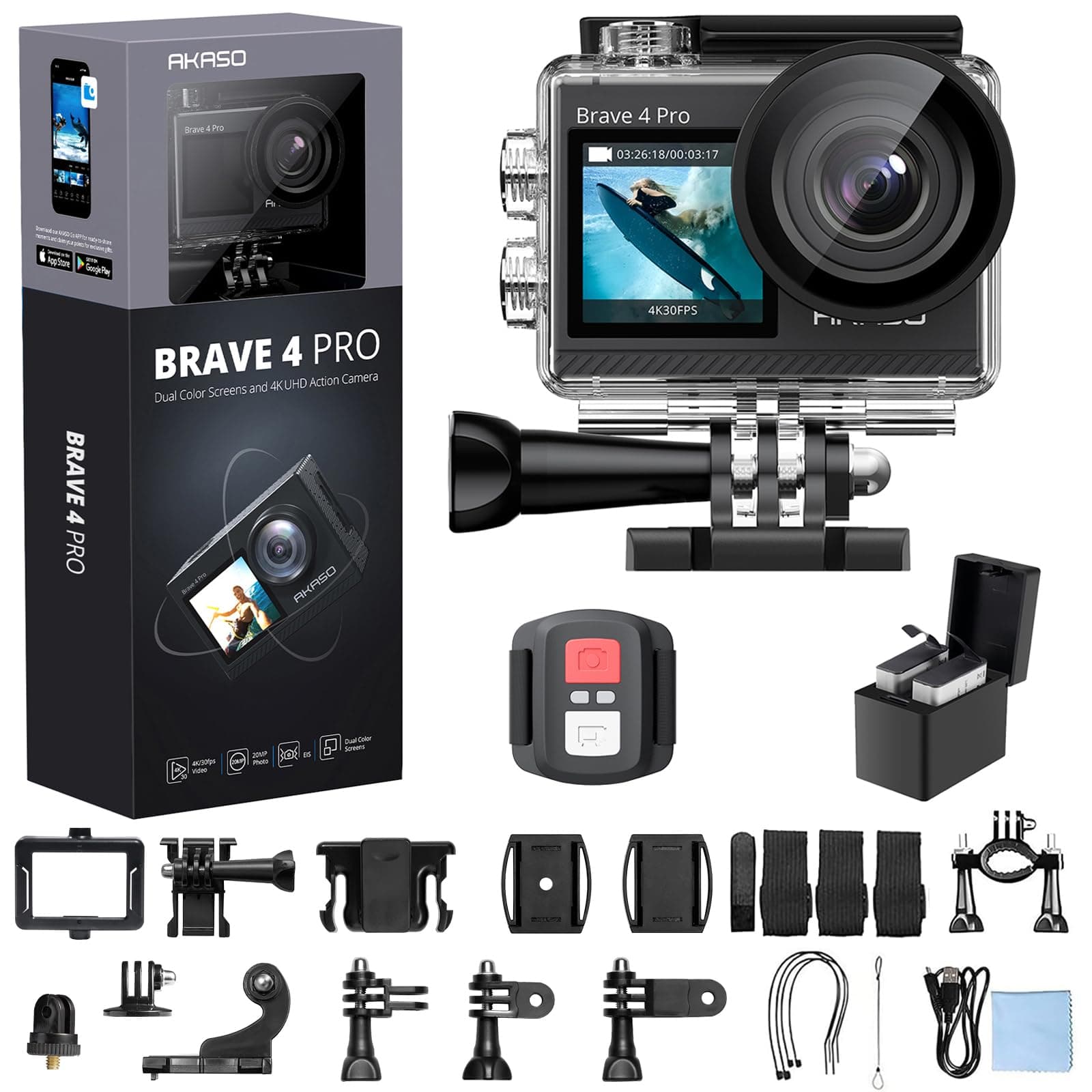 Brave 4 Pro 4K30FPS Action Camera - 131ft Underwater Camcorder Waterproof Camera with Touch Screen Advanced EIS Remote Control 5X Zoom Underwater Camera Support External Mic