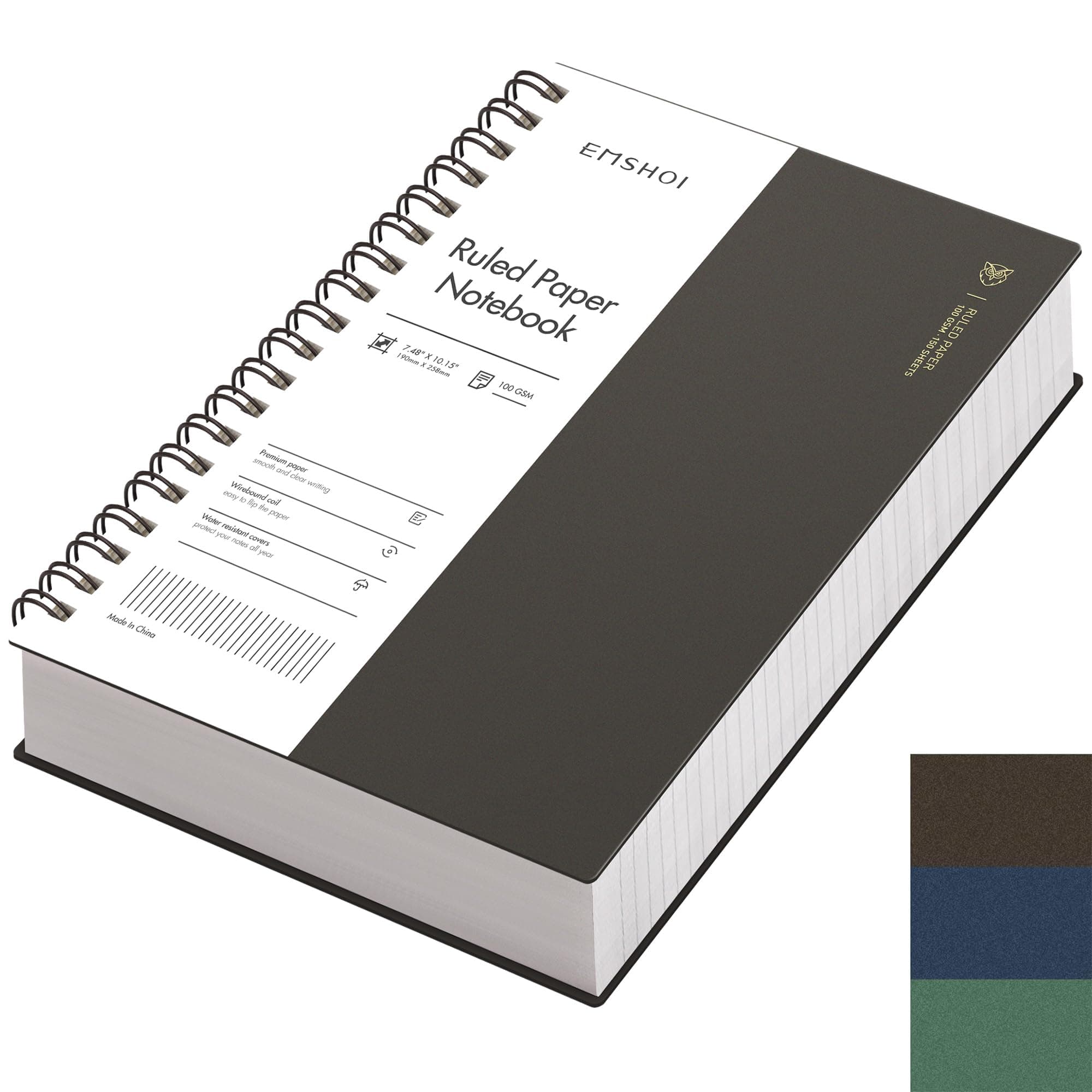 EMSHOI B5 Spiral Notebook College Ruled Lined Journal, Large 7.48" X 10.15", 300 Pages/150 Sheets, 100gsm Thick Paper, Waterproof Hardcover, for Office School Women Men Work Writing Notes, Coffee