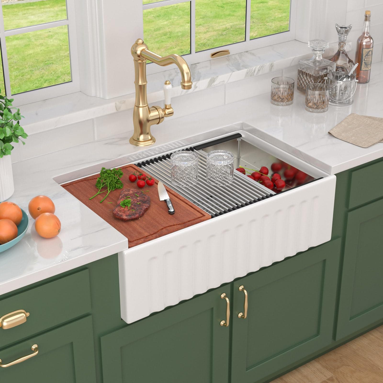 White Farmhouse Sink Farm Kitchen Sink Ledge Workstation White Ceramic Porcelain Fireclay Apron Front Farmer Sink Single Bowl Basin,20"x33"x10",TLAC-0003