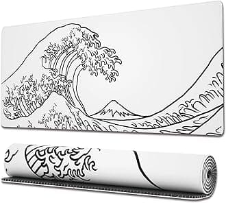 Gaming Mouse Pad with Stitched Edges, Japanese Wave White, Extended XL, Anti-Slip Base, Cool Large, 31.5 x 11.8 in, White