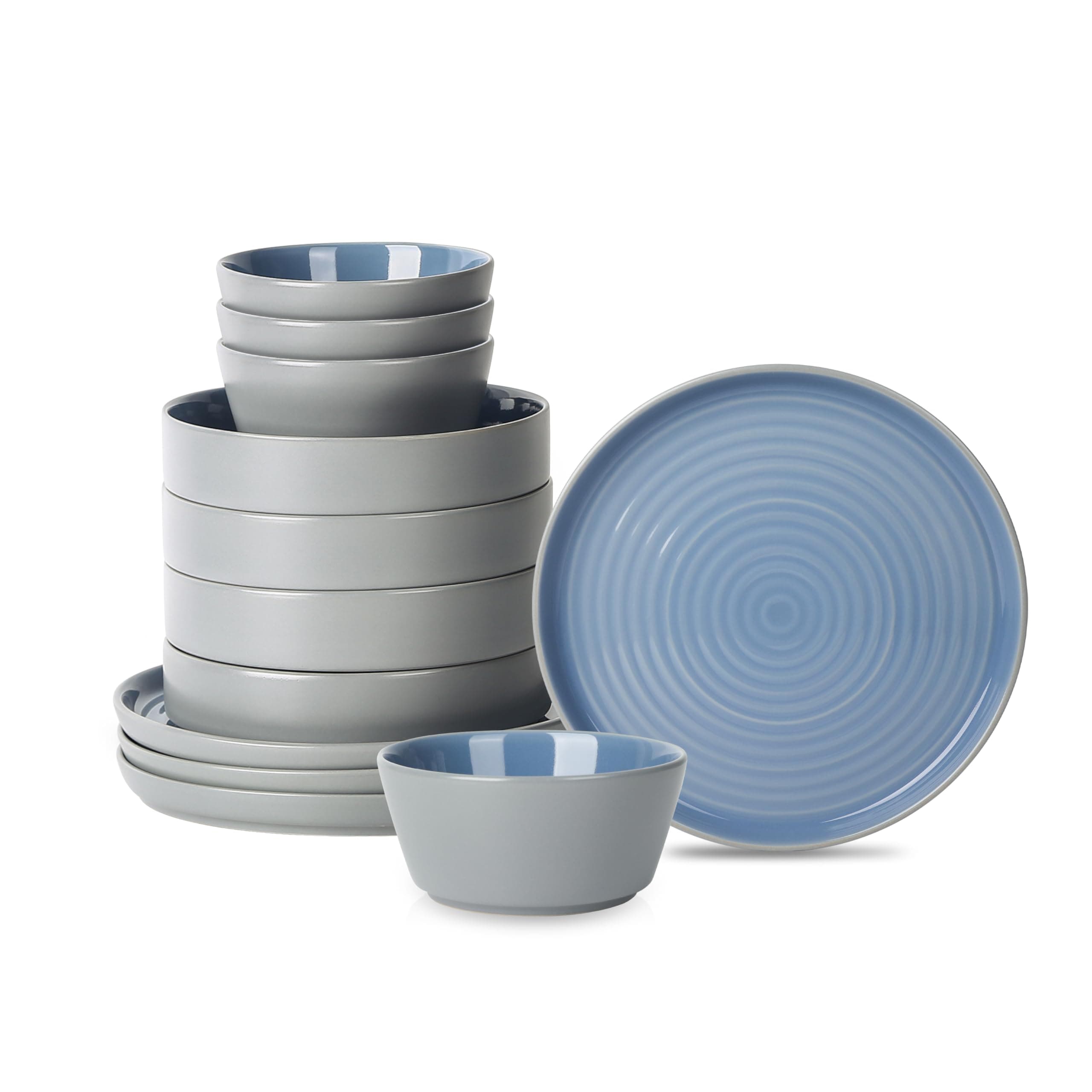 Elica 12-Piece Modern Dinnerware Set Stoneware, Plates and Bowl Sets for 4, Blue and Grey