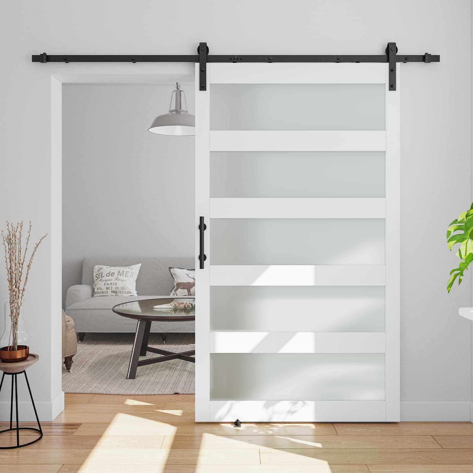 42in x 84in 5-Panel Sliding Glass Barn Door with 7ft Hardware Kit Included, Easy Assembly with Pre-Drilled Holes, Waterproof, Frosted Glass for Bathroom-Fit Max Opening 40in x 82in, White