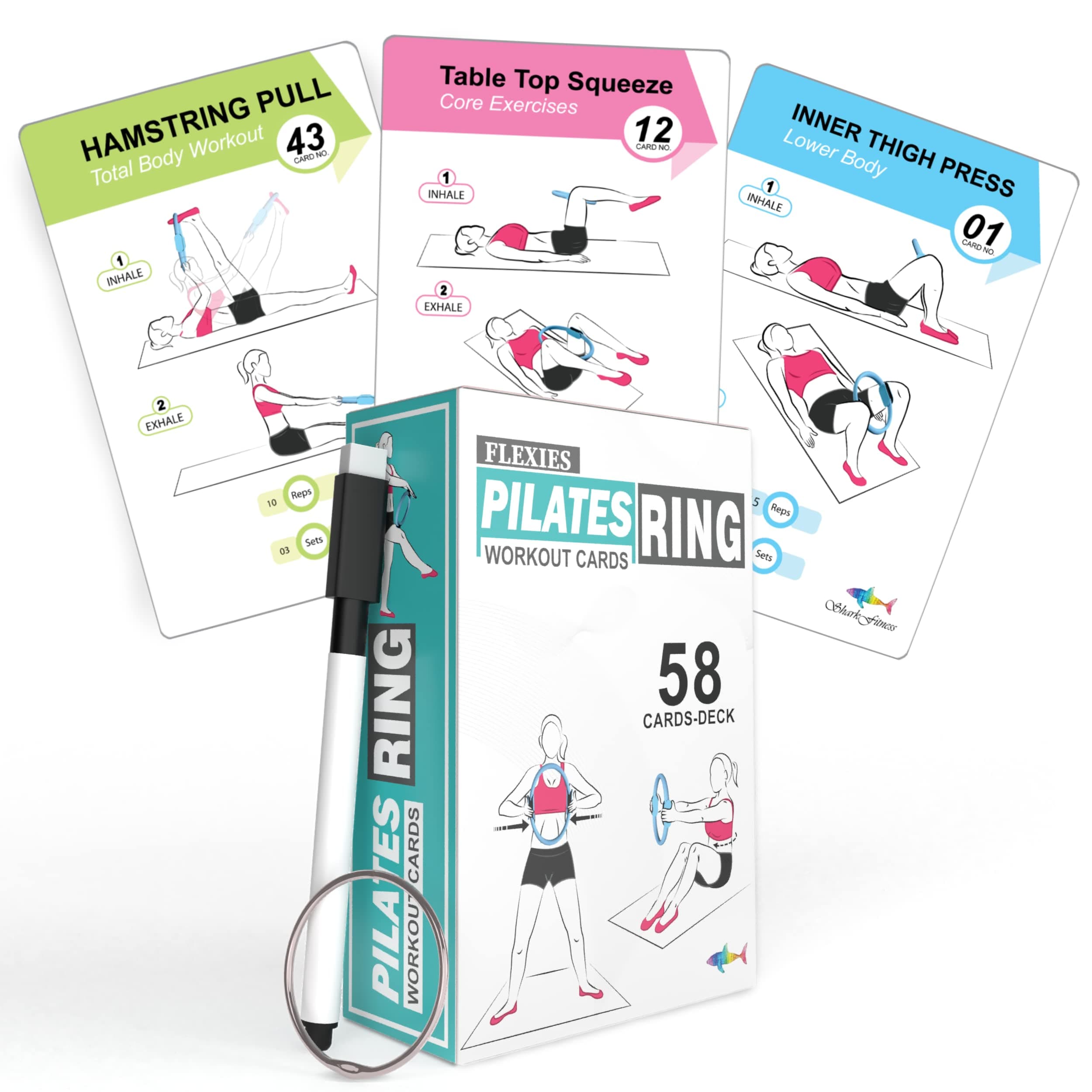 Flexies Pilates Ring Workout Cards -58 Exercise ring Card with Pilates circle Work Out Posture, Instruction & Breathing Tips|Free Dry-Erase Marker & Binding ring|Pilates Equipment Thigh Master guide