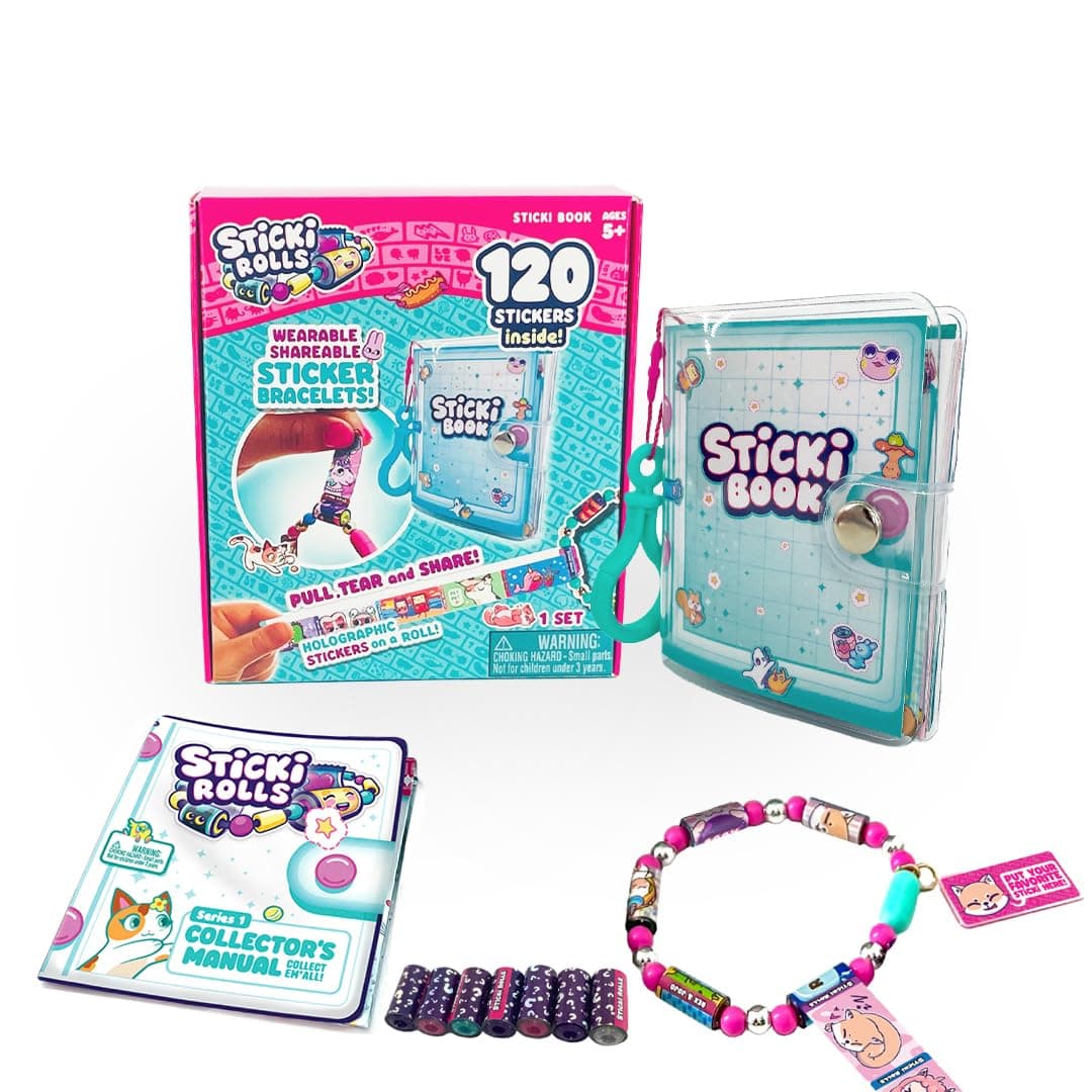 Sky Castle Sticki Rolls Sticki Book, Wearable & Shareable Sticker Bracelet, 120 Mini Stickers, Bracelet and Sticki Book, Assorted Colours and Styles, Packaging May Vary