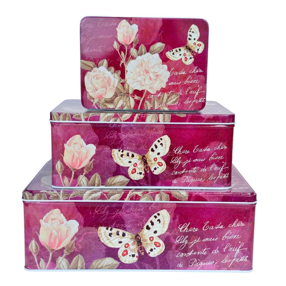 hadaaya Pack of 3 Rectangle Cookie Tins With Lids Multipurpose Tin Container for Cookies,Candies, Kitchen Storage, Stationery - BURGUNDY FLORAL BUTTERFLY