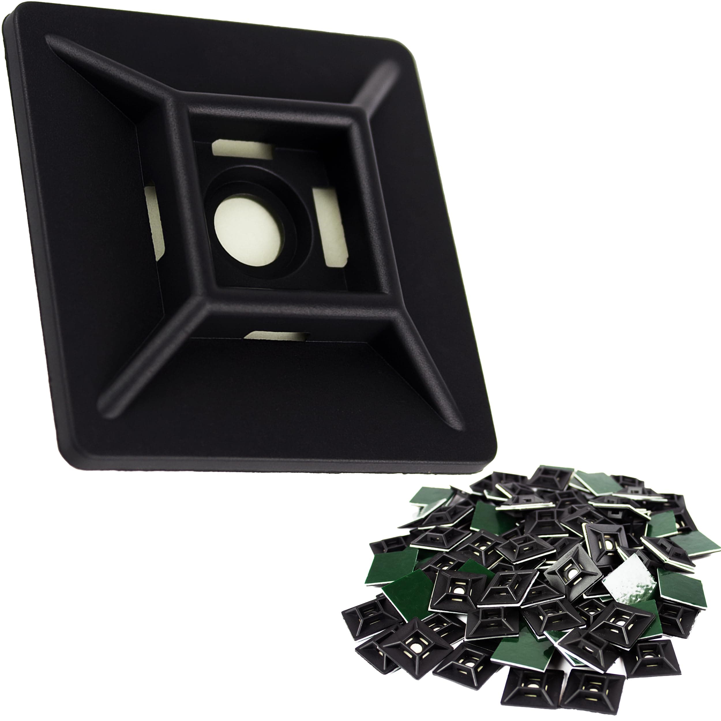 Zip Tie Adhesive-Backed Mounts 100Pk. Professional-Grade, UV Black Cable Tie Bases, 1.1 x 1.1. Screw-Hole Anchor Point Provides Optimal Strength for Long-Term Durability & Use and Clutter-Free Cables.