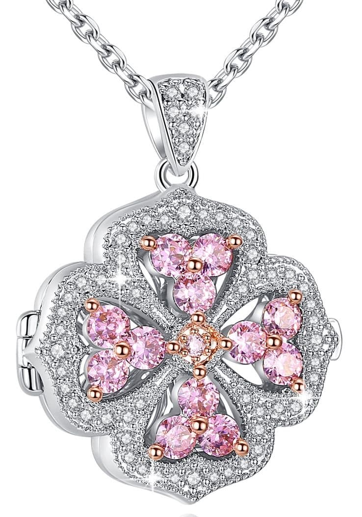 Cherry Clover Flower Silver Tone Locket Pendant Necklace with AAA Cubic Zirconia (71 Stones) Photo Picture Locket Jewelry for Birthday for Women Wife Mother Daughter
