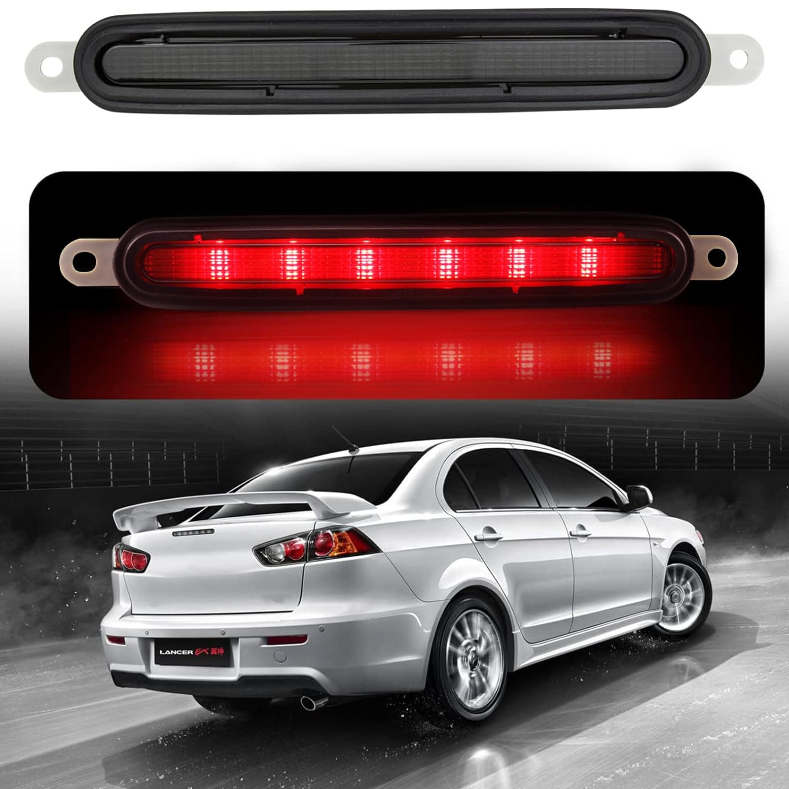 Voilamart 3rd Third Brake light for 2008-2016 Mitsubishi Lancer LED Tail Light High Mount Bumper Lamp Lancer Evolution EX 8334A08 (Smoke Lens Red Light)