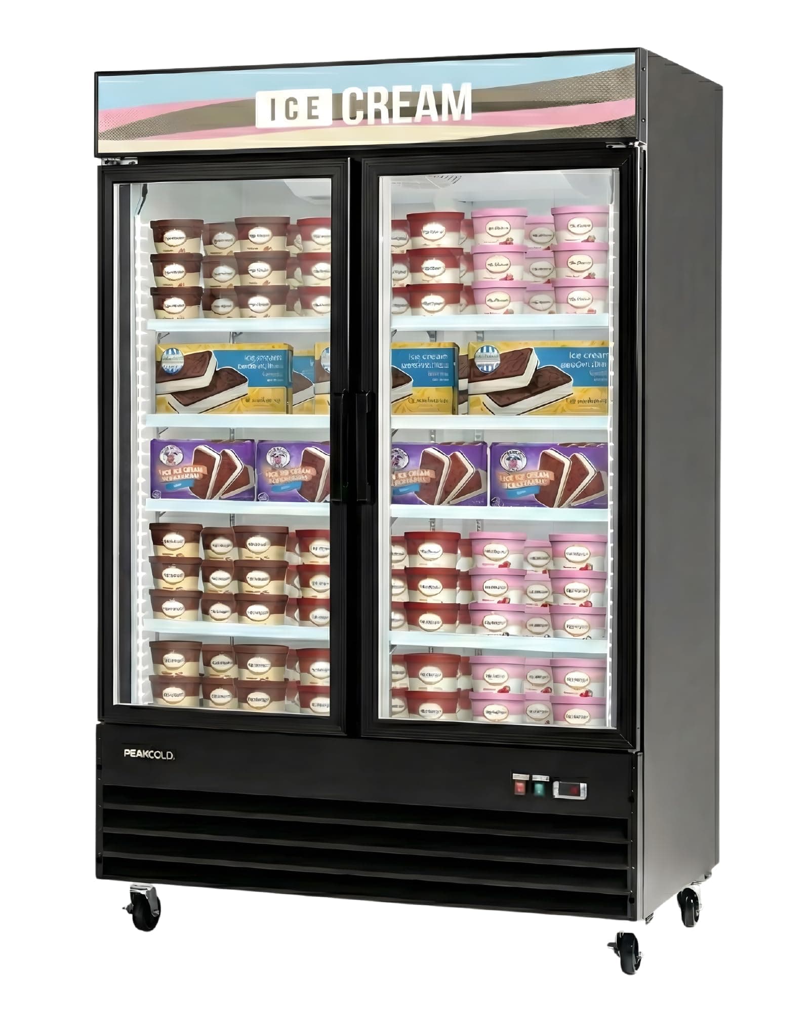 PeakCold 2-Door Upright Display Freezer - 45 Cubic Ft, 53.1" Wide, Double-Paned & Heated Glass Door Freezer with Auto-Defrost, LED Lighting & Ice Cream Lightbox - Commercial Merchandiser