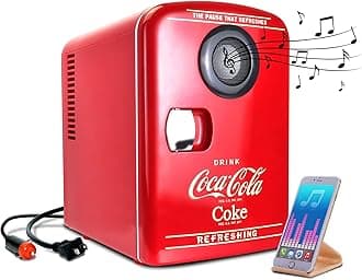 Coca Cola Mini Fridge - Refrigerator for Bedroom Skincare Office, Portable Table Top Beverage Cooler 12V DC/220V AC Refrigerador For Drink, Soda, Wine, Use In Car, Dorm, Patio, Bluetooth, 6 Can