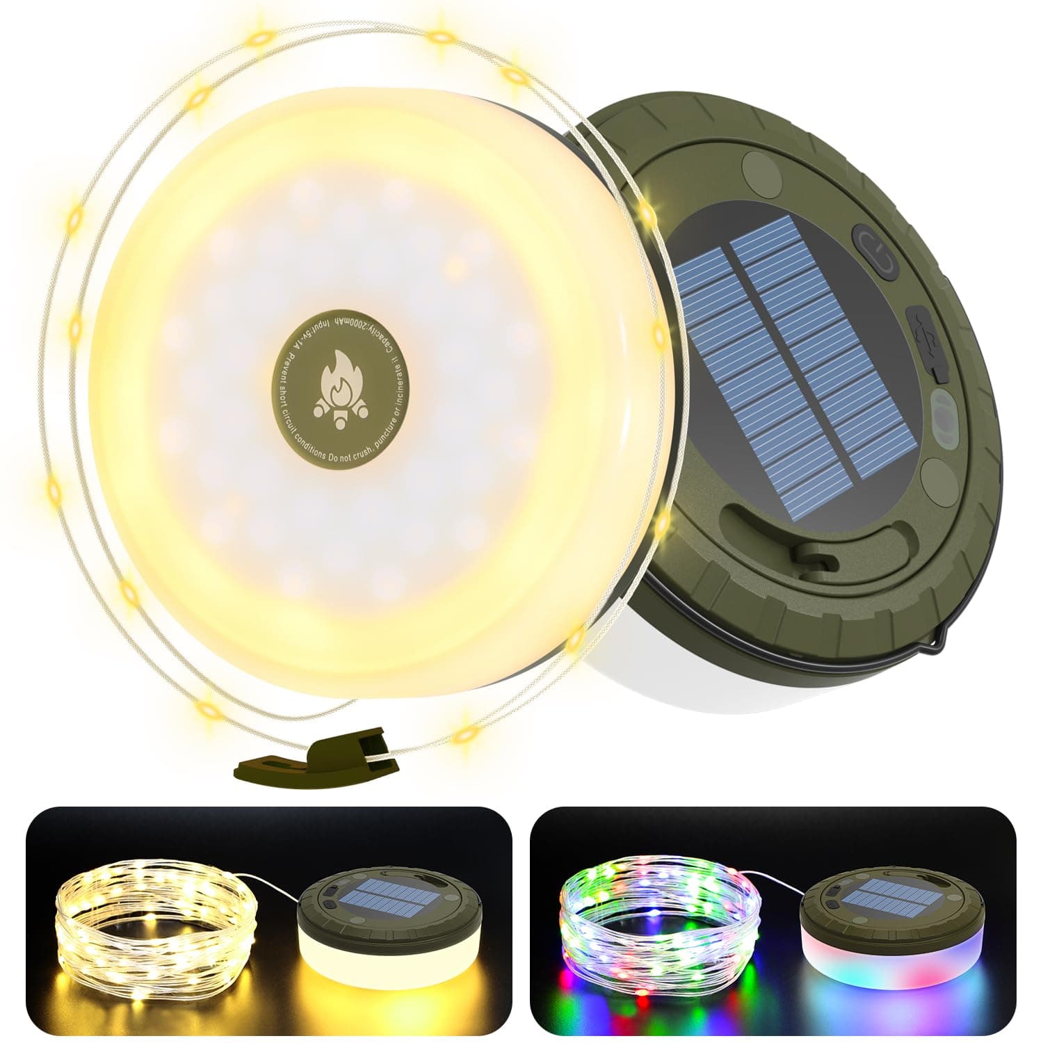 Siloon Solar Camping String Lights Outdoor, 2 in 1 Rechargeable Camping Lights with 5 Modes, 32.8Ft Waterproof Portable Camping Lights, Solar Powered and USB Charging, Tent Lights for Camping Hiking
