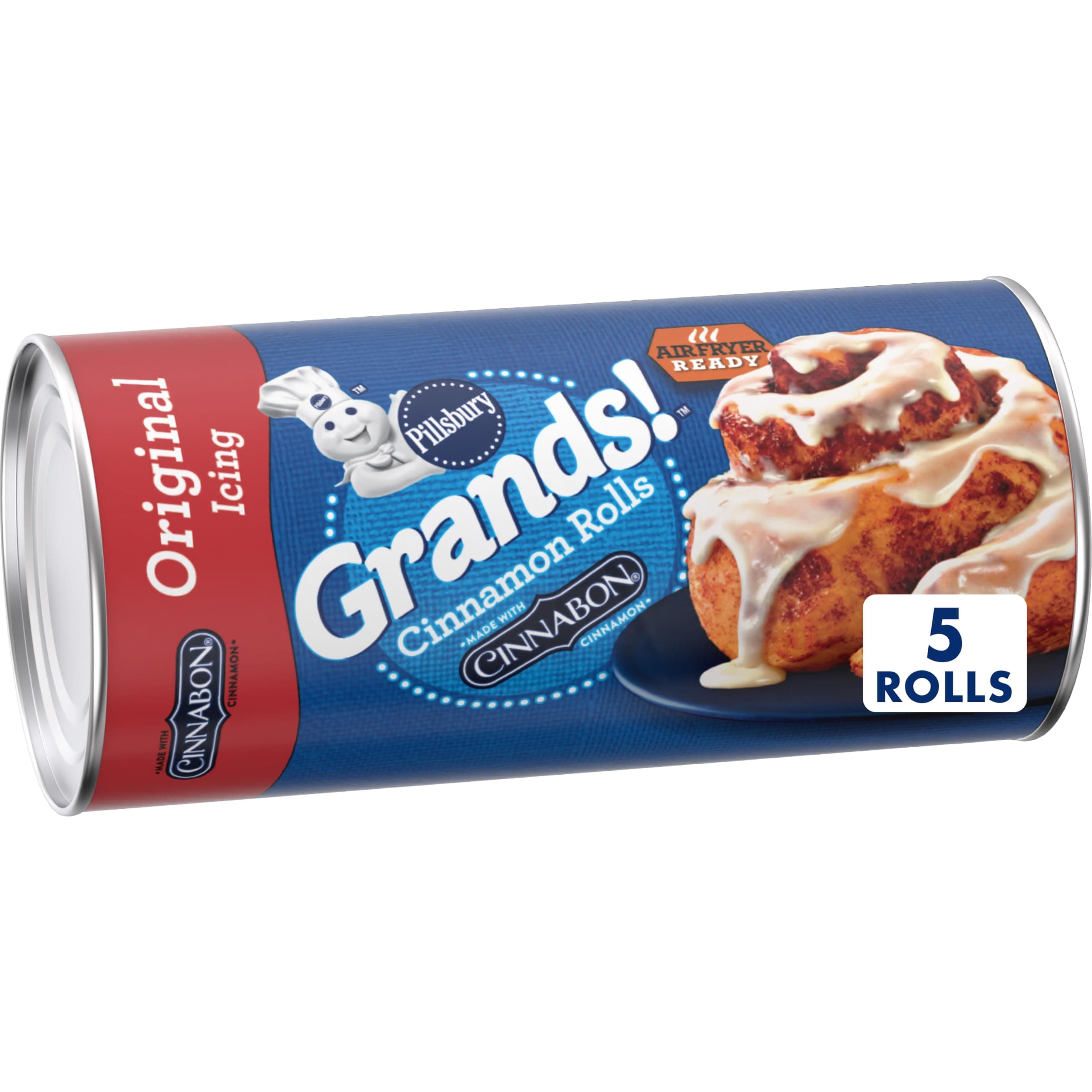Pillsbury Grands! Cinnamon Rolls with Cinnabon Cinnamon and Original Icing, Refrigerated Canned Pastry Dough, 5 Ct, 17.5 oz