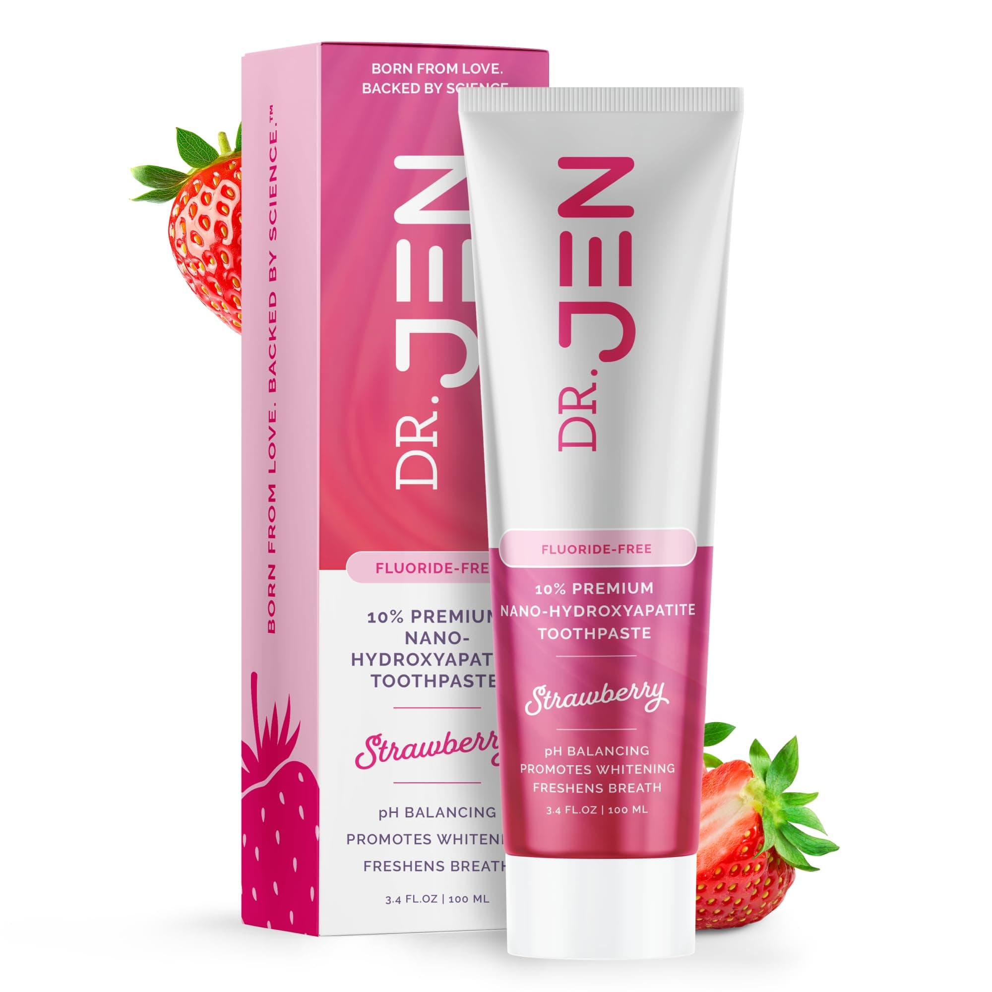 Dr. Jen Fluoride Free Toothpaste with 10% Premium Nano Hydroxyapatite, Xylitol & Glycerin, Remineralizing Daily Oral Care for Sensitive Teeth, Travel Essentials, Strawberry, 1 Pack