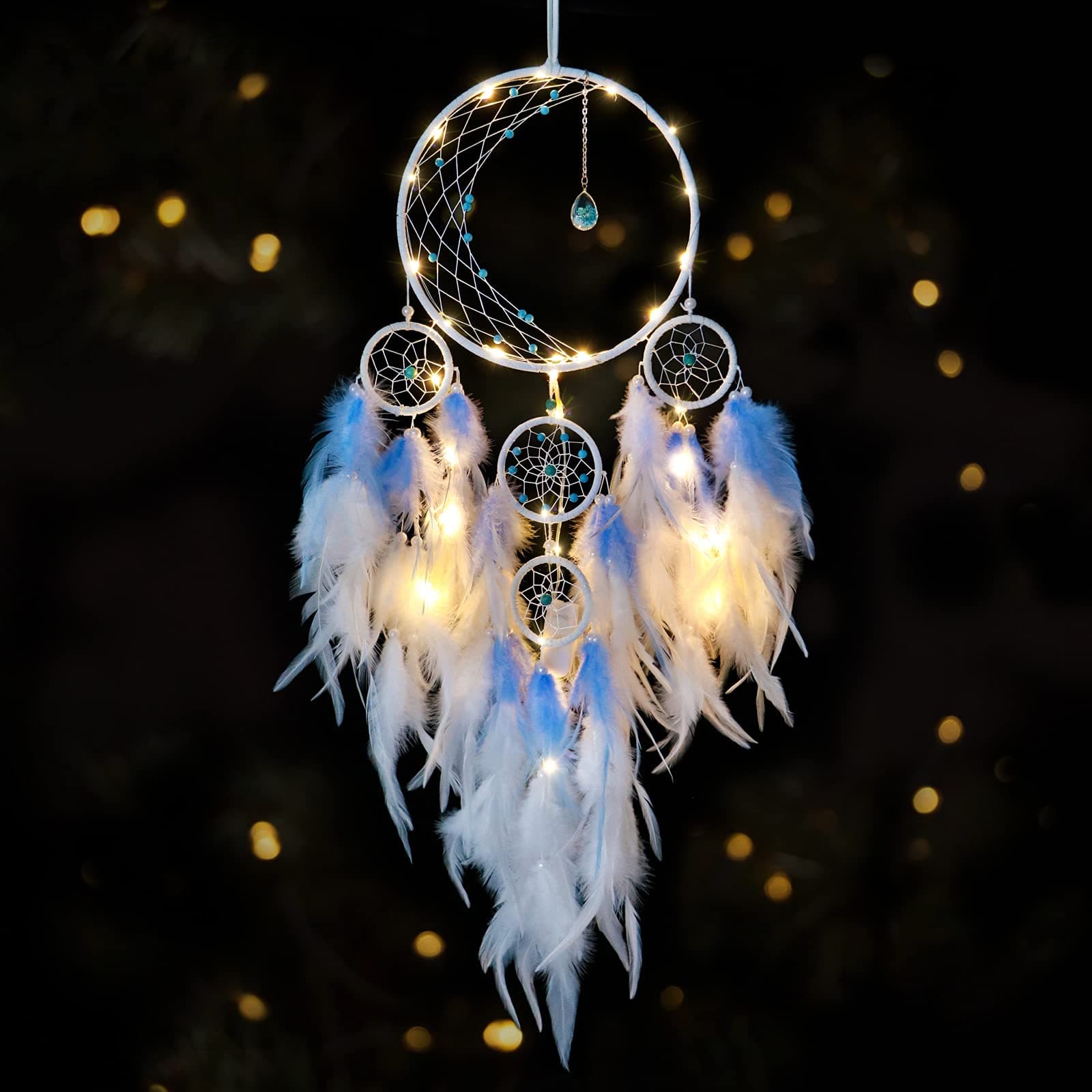 SUPOOBE KHOYIME LED Light Up Dream Catcher Half Circle Moon Decor with Lights Handmade Feather Dreamcatchers for Bedroom Bohemian Home Decor Wedding Ornament Craft Gift for Girls Boys (Blue)